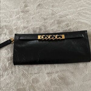 Rebecca Minkoff Black Leather Clutch with Gold Chain Accent